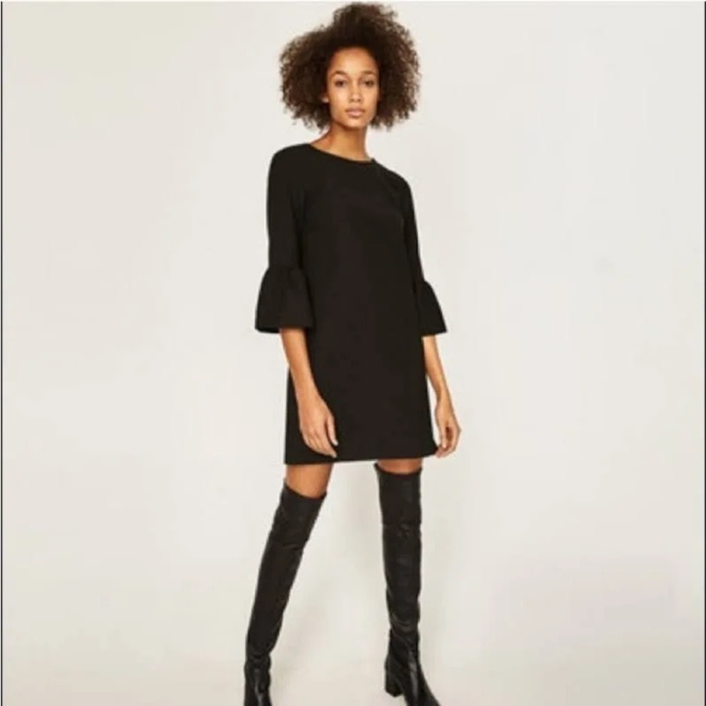 ZARA LBD Bell Sleeve Mini Shift Dress Stretch Ponte Knit Black